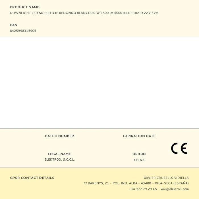 Edm Downlight LED Redondo para Instalación en Superficie, Blanco, 20 W (1500 lm), Luz Día 4000 K, Ángulo 160°, IP20, Ø 22 x 3 cm