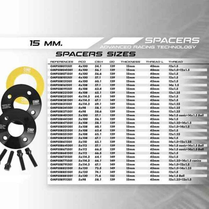 Set de Separadores OMP 5x108 60,1 M12 x 1,5 + M14 x 1,5 15 mm 3 Set de Separadores OMP 5x108 60,1 M12 x 1,5 + M14 x 1,5 15 mm 3