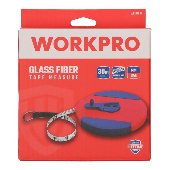 Workpro Cinta Métrica de Fibra de Vidrio 30 m, Carcasa Resistente a Golpes ABS 10