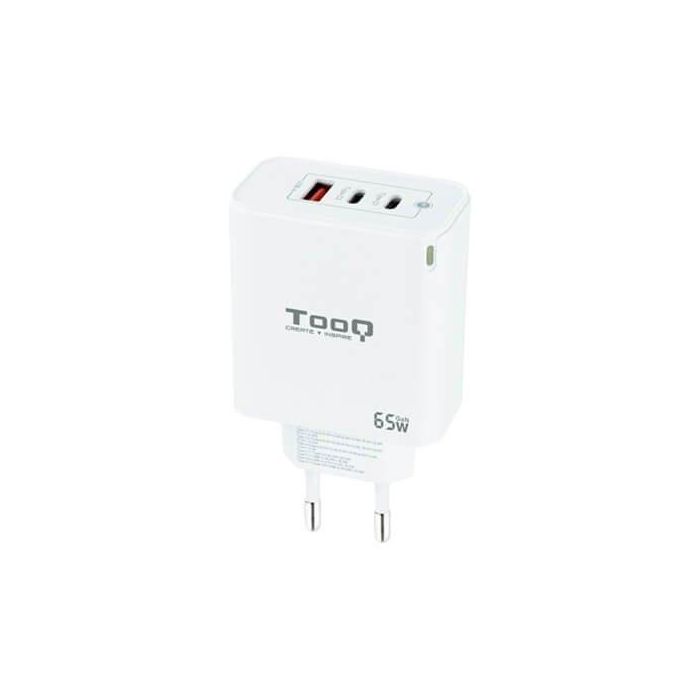TooQ TQWC-GANQC2PD65WT Cargador de Pared GaN 65W Carga Rápida para Móviles y Portátiles, 2x USB Tipo-C y 1x USB-A, Blanco