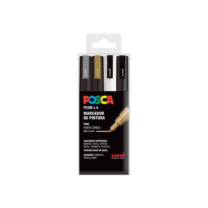 POSCA Marcador PC-3M-4C No Permanente Punta Fina 0.9 mm-1.3 mm Colores Surtidos -Estuche 4U-