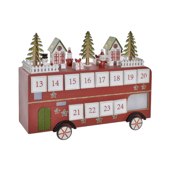 DKD Home Decor Calendario Adviento Navidad con LED de Madera Tradicional Rojo Blanco Diseño Autobús Casa Árbol 10x25x31.5 cm 1