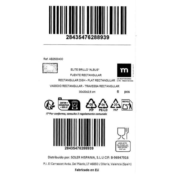 La Mediterranea Fuente Rectangular Albus Elite Brillo 30x20 cm (6 Unidades) 2