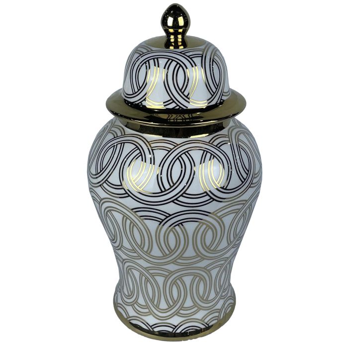DKD Home Decor Tibor de Porcelana Oriental Colección Fana Blanco y Dorado 22x42x22 cm