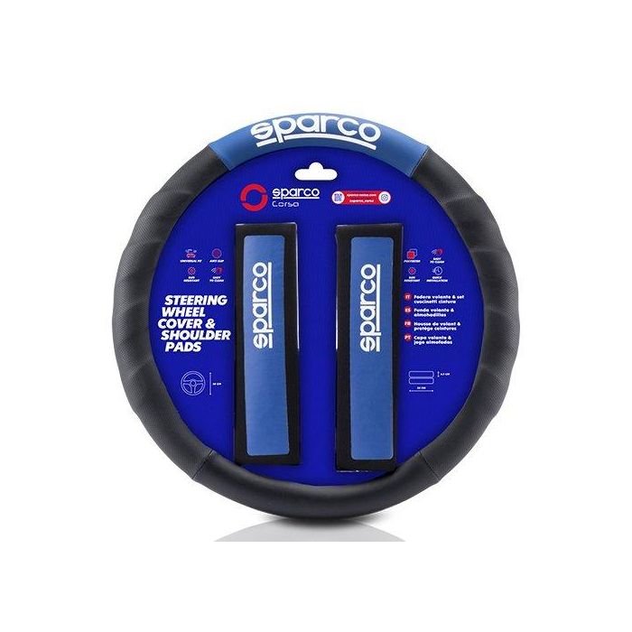 Sparco SPC1111KAZ Funda Volante y Almohadillas Universales Negro-Azul | Juego Antideslizante Lavable 100% Poliéster 1