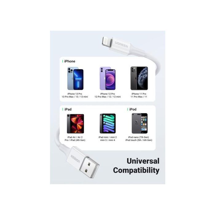 Ugreen Cable Usb 2.0 A Lightning 2M, 5V/2.4A Iphone 7 / 7Plus / 6S/ 6 / 6 Plus, Iphone 5S/5C/5, Ipad Mini/Mini 2, Ipad 1 M Blanco 4