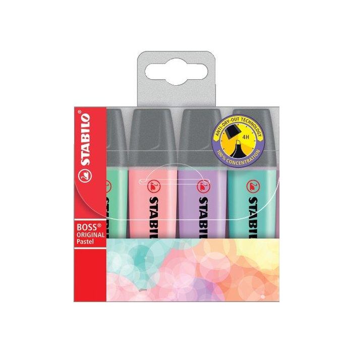 Stabilo Marcador Fluorescente Boss Original C-Surtidos Pastel Blíster 4 Ud - 9 colores brillantes, tecnología antisecado