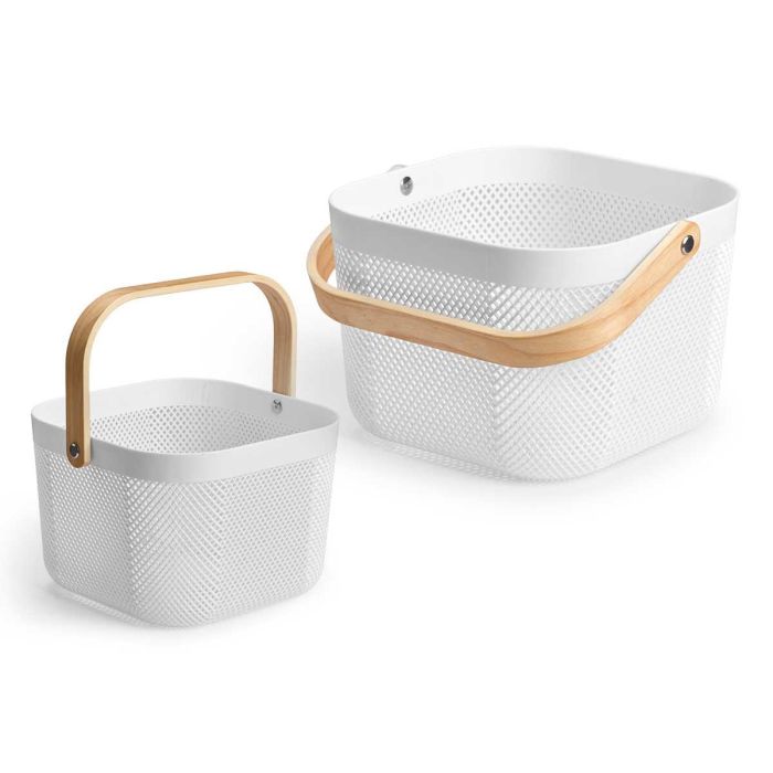 Kipit Cesta Multiusos Cuadrada con Asa, Plástico y Madera, Blanca, 24 x 17 x 24 cm (12 Unidades)