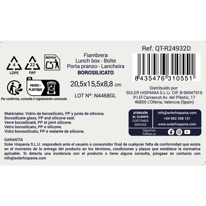 Fiambrera Rect.Hermet 20.5X15.5Cm 1.3L "Qt (6 Unidades) 3 Fiambrera Rect.Hermet 20.5X15.5Cm 1.3L "Qt (6 Unidades) 3
