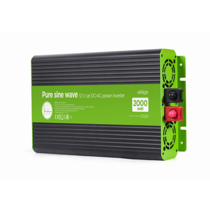 EnerGenie EG-PWC-PS2000-01 Inversor de Corriente para Coche 2000W Onda Sinusoidal Pura Negro Verde