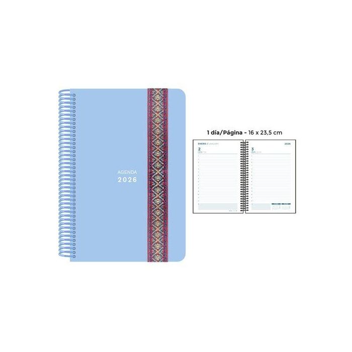 Agenda Anual (2026) Senfort Pastel Espiral Tapa Pp Con Goma Decorada 160X235 D/P Azul
