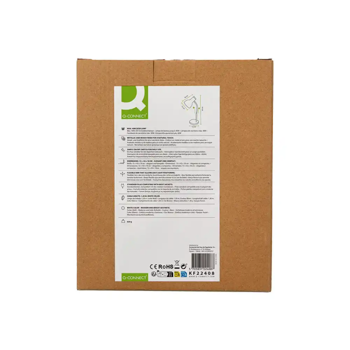 Q-connect Lampara Escritorio Orion Metalica con Detalles Madera Brazo Flexible Color Blanco Oficina 145x330x145 mm 9