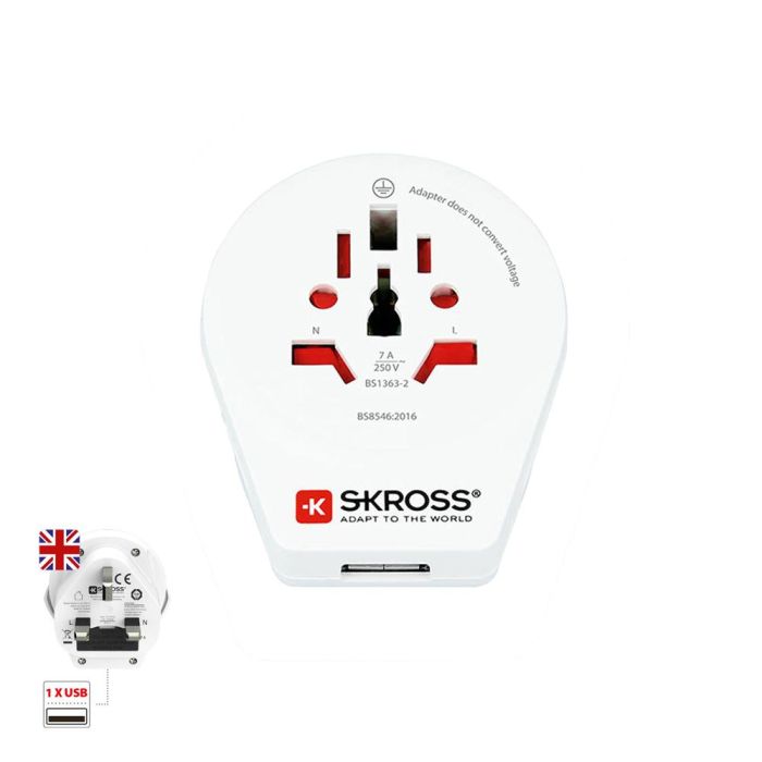 Skross Adaptador Mundial a Reino Unido con USB 1500267 Diseñado en Suiza Ideal para Equipos con Enchufes con y sin Tierra Salida USB Tipo A Máx 2.4A 0 Skross Adaptador Mundial a Reino Unido con USB 1500267 Diseñado en Suiza Ideal para Equipos con Enchufes con y sin Tierra Salida USB Tipo A Máx 2.4A 0