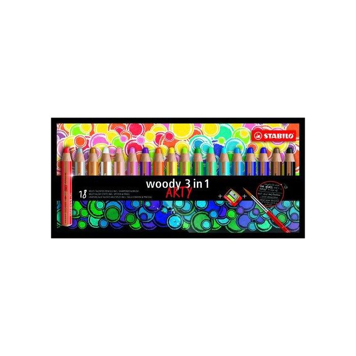 Stabilo Lápices De Colores Woody 3 En 1 - Multifunción, Madera PEFC, Estuche 18 Unidades + Sacapuntas