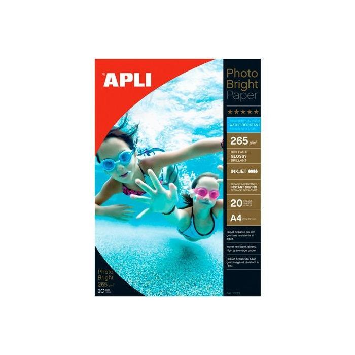 Apli Papel Fotográfico Profesional Photo Bright A4 265 gr Inkjet Resistente Al Agua Paquete 20H Blanco Brillo