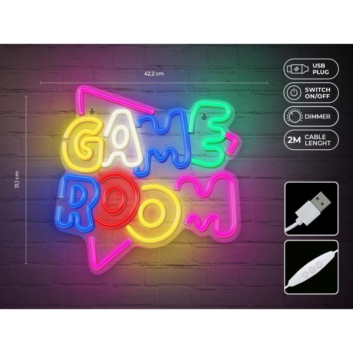 Forever Lámpara Neon Plexi LED Decoración Game Room - Luz Multicolor, Regulador de Intensidad, Alimentación por USB, Incluye Soporte para Pared