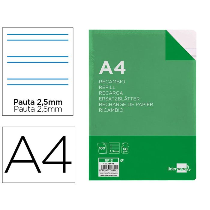 Recambio Liderpapel Folio 100 Hojas 60 gr-M2 Pauta 5ª 2.5 mm Con Margen 16 Taladros