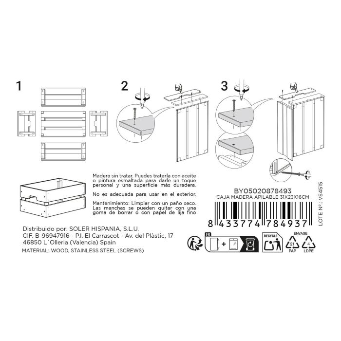 Inde Caja Madera Apilable 31 cm x 23 cm x 15 cm (4 Unidades)