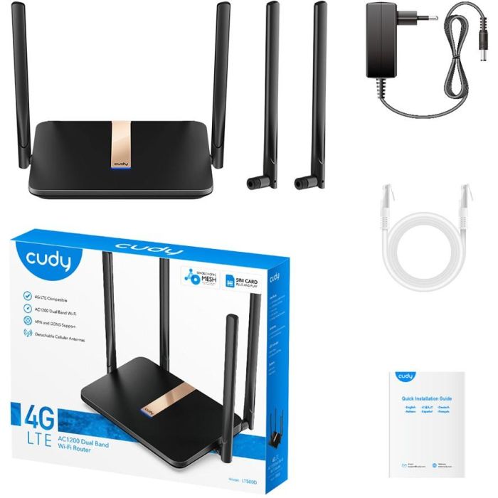 Cudy AC1200 Router Wi-Fi Mesh 4G LTE Cat4 Doble Banda 2.4 GHz y 5 GHz Negro Ethernet WAN Ranura SIM 3