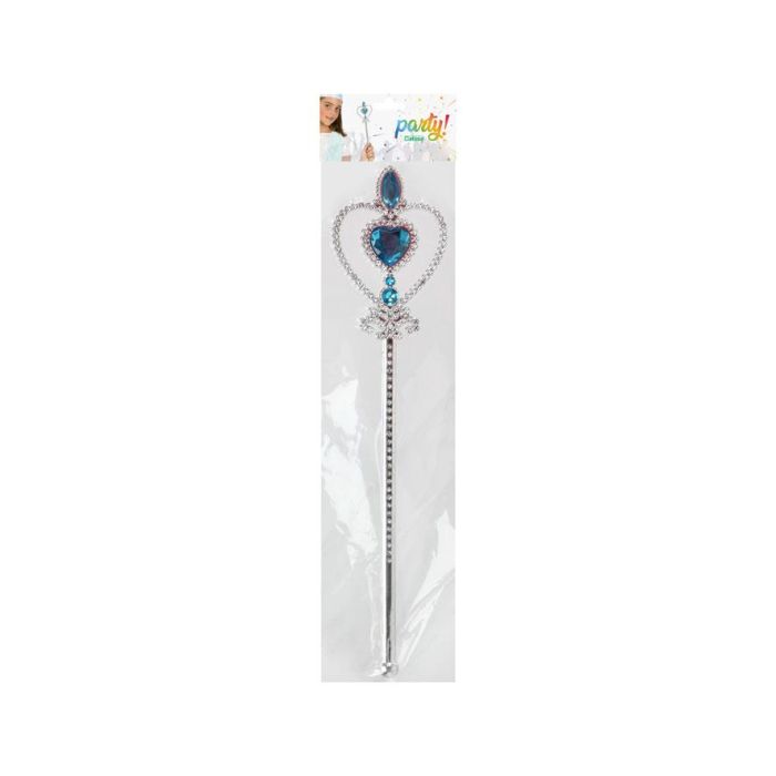 Varita de Princesa Plateada con Joya Azul en Forma de Corazón 32 cm para Disfraces 1 Varita de Princesa Plateada con Joya Azul en Forma de Corazón 32 cm para Disfraces 1