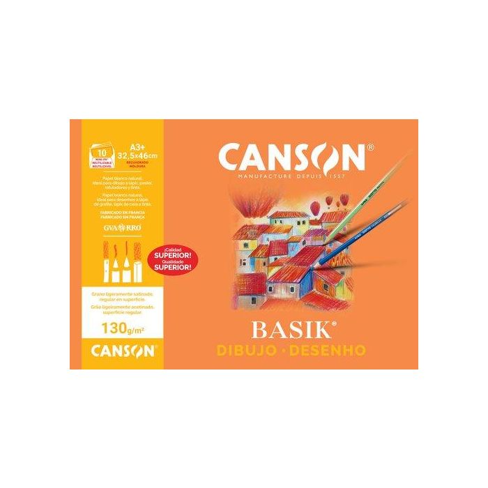 Canson Papel Dibujo Basik DIN A3+ 32.5x46 cm, Minipack 10 Hojas, 130 g/m²