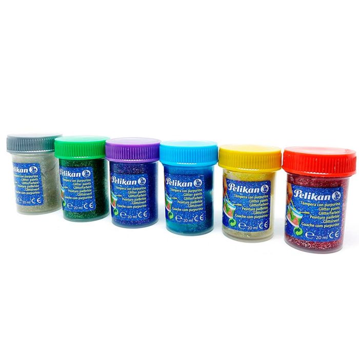 Tempera Pelikan Glitter 20 mL 942-20S Caja 6 Colores Surtidos + Pincel 1