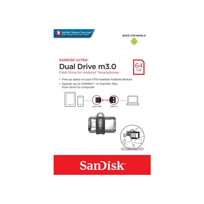 Sandisk Ultra Dual m3.0 unidad flash USB 64 GB USB Type-A / Micro-USB 3.2 Gen 1 (3.1 Gen 1) Negro, Plata, Transparente 3