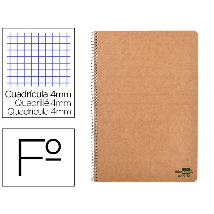 Cuaderno Espiral Liderpapel Folio Ecouse Tapa Cartulina Kraft 80H Papel Reciclado 80 gr Cuadro 4 mm Con Margen 8 unidades