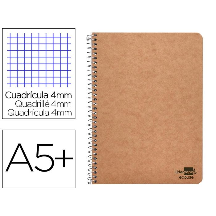 Cuaderno Espiral Liderpapel Cuarto Ecouse Tapa Cartulina Kraft 80H Papel Reciclado 80 grcuadro 4 mm 5 unidades