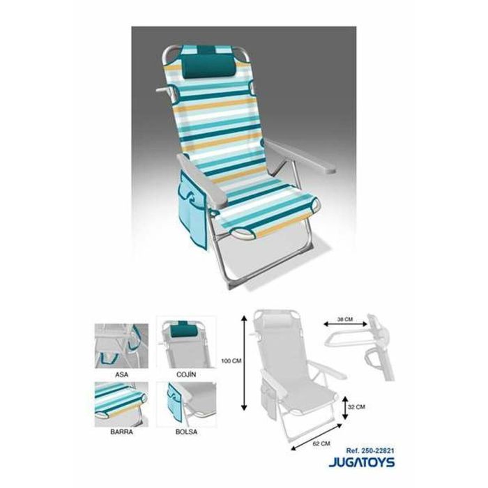 Silla playa aluminio multiposicion rayada con reposacabezas 38 cm., almohadilla, bolso lateral y asas para transportar, 100x62x57cm (480 gr) Silla playa aluminio multiposicion rayada con reposacabezas 38 cm., almohadilla, bolso lateral y asas para transportar, 100x62x57cm (480 gr)