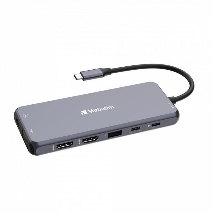 Verbatim 2 x HDMI, 4K60Hz, 4K30Hz, 1 x VGA, 1080p, 1 x RJ45, 1Gb/s, 3 x USB-A 3.2 Gen1, 5Gb/s, 1 x USB-C 3.2 Gen1, 5Gb/s, 2 x USB-A 2.0, 1 x Audio jack, 1 x SD 3.0, 1 x microSD 3.0, 1 x USB-C PD, 40mm x 55.4mm x 15mm 3 Verbatim 2 x HDMI, 4K60Hz, 4K30Hz, 1 x VGA, 1080p, 1 x RJ45, 1Gb/s, 3 x USB-A 3.2 Gen1, 5Gb/s, 1 x USB-C 3.2 Gen1, 5Gb/s, 2 x USB-A 2.0, 1 x Audio jack, 1 x SD 3.0, 1 x microSD 3.0, 1 x USB-C PD, 40mm x 55.4mm x 15mm 3
