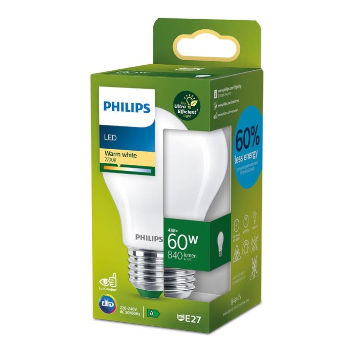 Bombilla ultra efficient led classic 4w 840im e27 2700k, ø6x10,4cm, philips 1