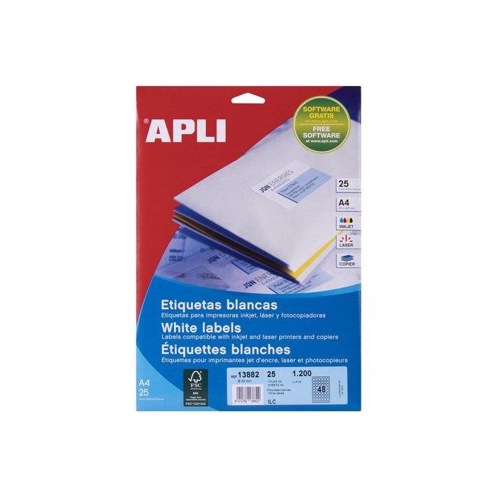 Apli Etiquetas Adhesivas Circulares Ø30 mm Inkjet-Láser, 1200 Etiquetas Blancas para Identificar Envíos y Objetos