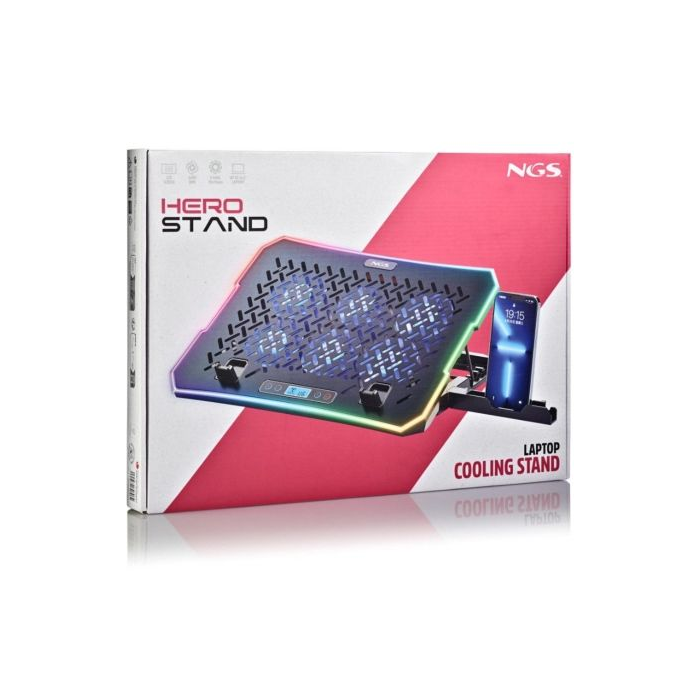 NGS HEROSTAND Base Refrigeradora para Portátiles 15.6" con 6 ventiladores, Iluminación LED RGB, Pantalla LCD y 2 puertos USB 3 NGS HEROSTAND Base Refrigeradora para Portátiles 15.6" con 6 ventiladores, Iluminación LED RGB, Pantalla LCD y 2 puertos USB 3