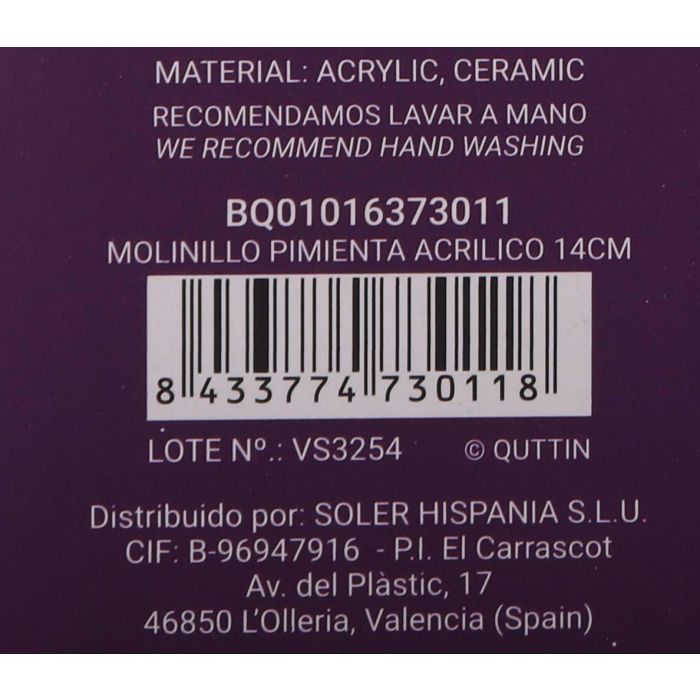 Molinillo de Pimienta Acrílico 14 cm Quttin (18 Unidades) 11 Molinillo de Pimienta Acrílico 14 cm Quttin (18 Unidades) 11