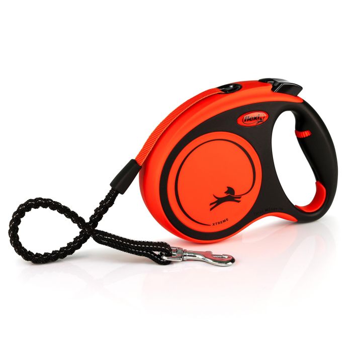 Flexi Correa Retráctil Xtreme M para Perros Activos y Situaciones Desafiantes, Cinta 5m Negro-Naranja con Tope Elástico y Freno Rápido