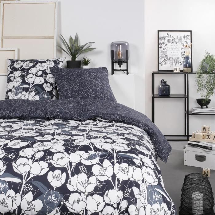 Juego de ropa de cama Mawira - 2 personas - 260 x 240 cm - 100% algodón - Azul marino Estampado floral - HOY Juego de ropa de cama Mawira - 2 personas - 260 x 240 cm - 100% algodón - Azul marino Estampado floral - HOY