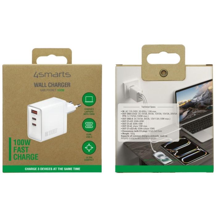 4smarts Netzladegert GaN Pocket 100W 2C+1A. weiss 1