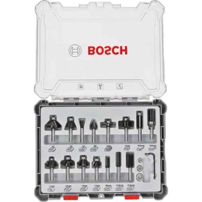 Bosch 2 607 017 472 - Set de Fresas Mixtas 15 Piezas, Carburo, para Madera, Vástago 8mm, DIN EN-847 11