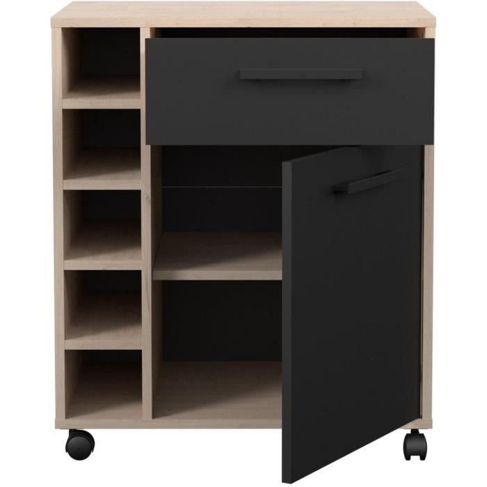 Parisot STUDIO803356 - Carrito de servicio Estudio 1 puerta, 1 cajón, 5 botellas - Roble/Negro mate - 60 x 40,3 x 71 cm 1