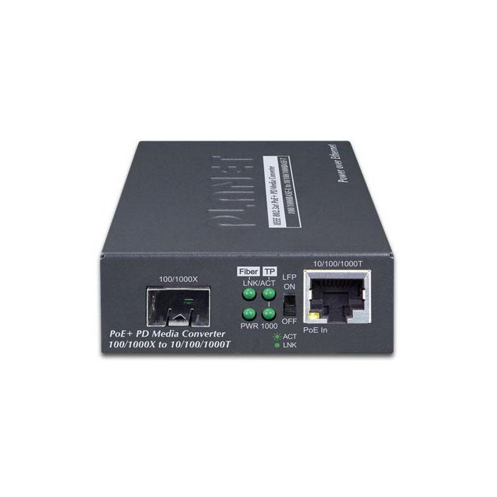 PLANET GT-805A-PD Conversor de Medios Gigabit Ethernet 10/100/1000BASE-T a SFP 100/1000BASE-X, con PoE+ PD 802.3at 1