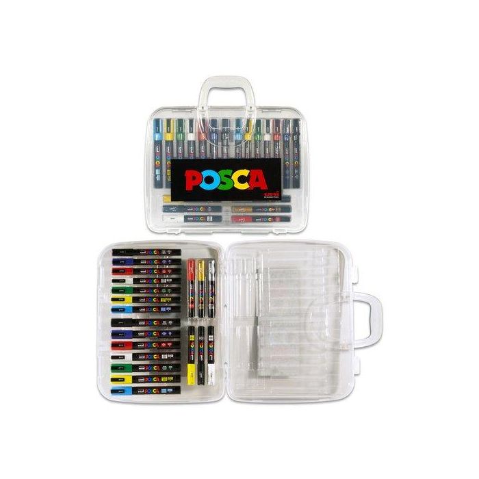 POSCA Marcadores de Pintura No Permanente Punta Cónica Maletín 20 C-Surtidos PC-1M, PC-3M, PC-5M - Negro, Blanco, Rojo, Amarillo, Oro, Plata, Azul, Verde