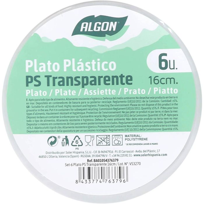 Algon Set-6 Plato Ps Transparente 16 cm (24 Unidades)