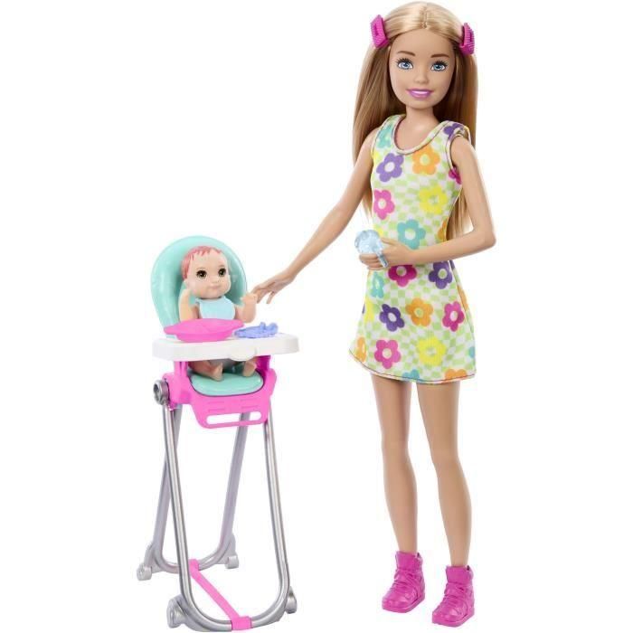 Barbie Muñeca Skipper Niñera Con Trona Y Bebe HTK35