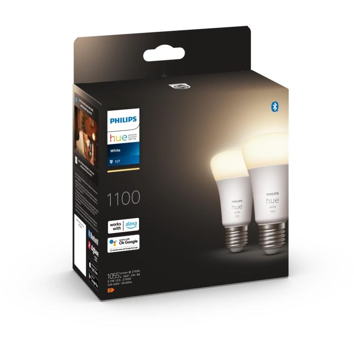 Philips Hue Bombilla LED Inteligente E27 White 2x1050lm 75W - Paquete Doble Luz Blanca Regulable 2 Philips Hue Bombilla LED Inteligente E27 White 2x1050lm 75W - Paquete Doble Luz Blanca Regulable 2