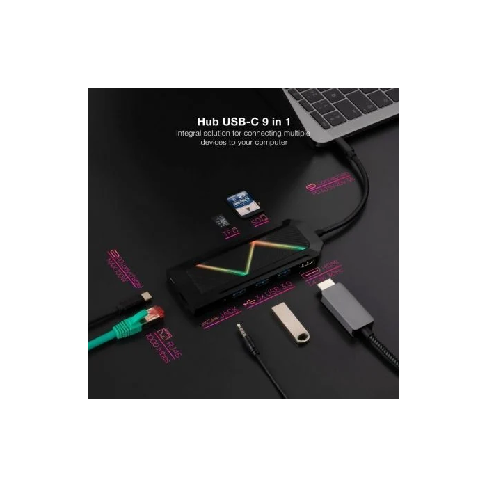 Nano Cable 10.16.0901 Docking USB Tipo-C 9 en 1: 3xUSB-A, USB-C PD, HDMI, RJ45, Lector SD/TF, Audio