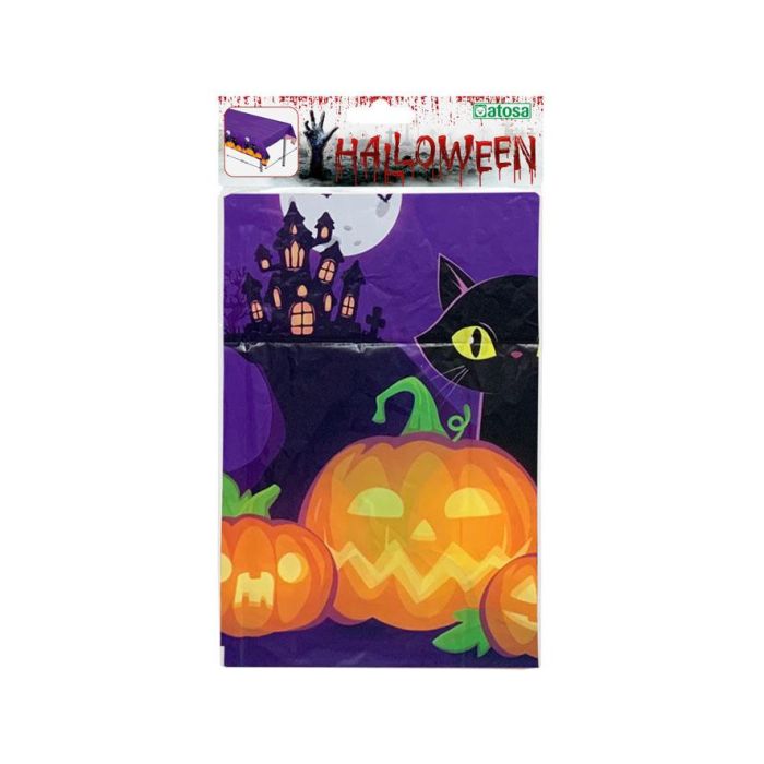 Mantel Halloween Violeta Con Calabazas Y Gato Negro 183x132 cm - Decoración Mesa Fiestas 1 Mantel Halloween Violeta Con Calabazas Y Gato Negro 183x132 cm - Decoración Mesa Fiestas 1