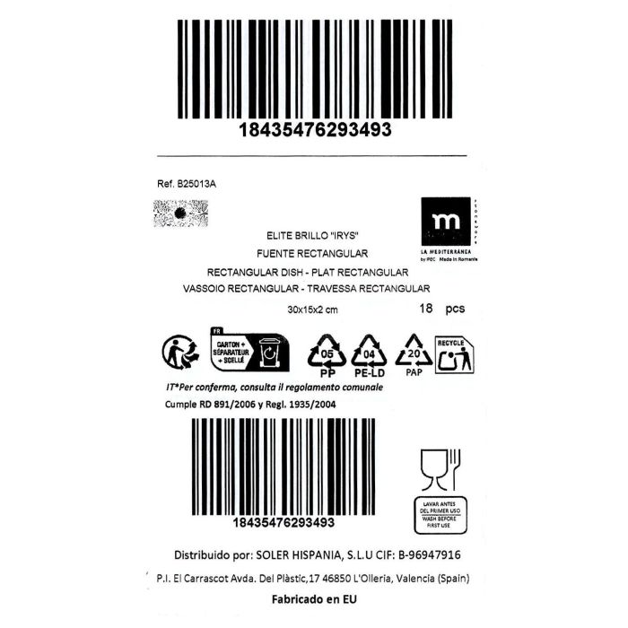 Fuente Rectangular Irys Elite 30x15 cm - Inde (18 Unidades) 1 Fuente Rectangular Irys Elite 30x15 cm - Inde (18 Unidades) 1