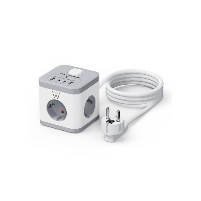 Ewent EW3863 Regleta Torre Base Múltiple 3 Tomas AC 4 Puertos USB (2x Tipo C PD 20W), Interruptor, Cable 1.5m Gris/Blanco
