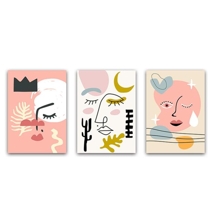 DKD Home Decor Set de 3 Cuadros Decorativos Escandinavos Estilo Abstracto con Cara Multicolor en Lienzo y MDF 40x30 cm